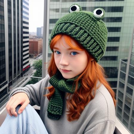 <lora:green_ois_hat:1.0>A thoughtful Caucasian man with blue eyes and red hair in a green ois hat with a pair of frog eyes BREAK, sketching the bustling city from his apartment window, his slippers cozily warming his feet, in a minimalistic line drawing style.