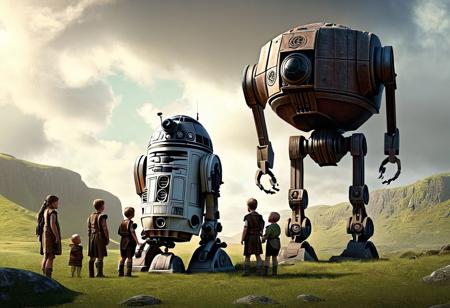 the day in the day of Celtic barbarians young ones gathered around a droid(telling a fascinating story:1.5) . High Definition 64K, Detailed and Intricate, Digital Art, Photo, Realistic, Cinematic, Studio Lighting, Beautiful Lighting, landscape view