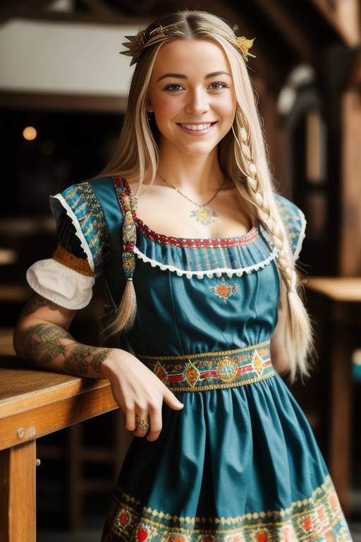 a portrait photo of a lora:OliviaDunne, smiling, tattoo, ((((folk dress)))), Ukrainian dress, pronounced feminine feature,...