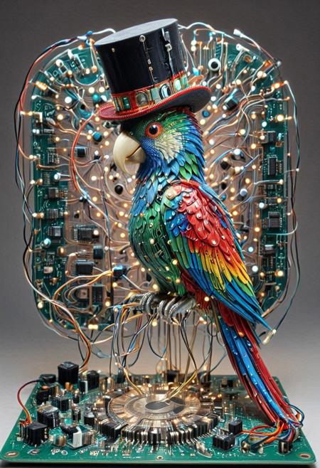 embedding:lazmpos, Transistors, pcb_style, LED, colorful LED lights, RGB lights, red green and blue parrot, art deco, top hat, cane, monocle,RetroBG