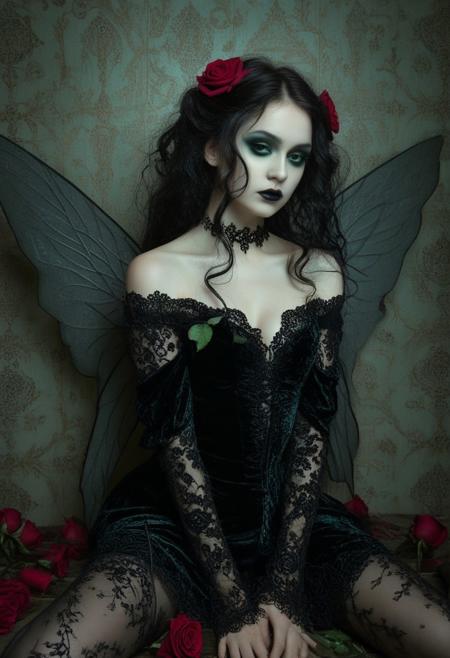 This is a digital painting, rendered in a highly detailed, surreal style with an eerie, gothic aesthetic. The subject is a young woman with a pale, almost ethereal skin tone, sitting in a dimly lit, ornate room. She has long, wavy dark hair adorned with red roses and green foliage, giving her a whimsical, almost mythical appearance. Her eyes are large and expressive, with a hint of melancholy, and she has dark, dramatic makeup that enhances her features.
She is dressed in an off-the-shoulder, dark velvet dress with intricate lace detailing, which accentuates her slender figure. The dress is a deep, almost black color with a subtle sheen, and it has a plunging neckline that reveals her collarbone and hints of cleavage. Her arms are bare and her hands are resting on her lap, adding to the ethereal feel of the scene.
Behind her, the background features a richly decorated wallpaper with intricate patterns and faded colors, giving an old-world, gothic ambiance. The room is filled with an assortment of flowers, primarily red roses, which add to the surreal, almost dreamlike atmosphere. The woman's wings, reminiscent of a fairy, are subtly visible, with a soft, almost translucent texture.