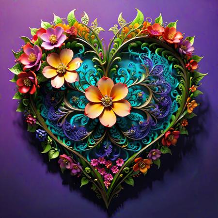 "Fractal Filigree: a heart made of colorful flowers,high detail in each flower painted,placed on a vibrant and colorful background. The flowers are highlighted with intricate patterns and shadows to give them a realistic appearance. The eadge of the heart has twisted branches. Soft lighting, sharp focus, paint drops, smooth edges, trending on artstation, studio photo, intricate details, highly detailed",
"abstract vector fractal, wave function, Zentangle, 3d shading". "by artist "anime", Anime Key Visual, Japanese Manga, Pixiv, Zerochan, Anime art, Fantia"