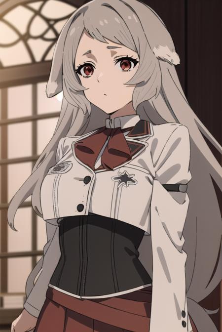 pursenaadoldia, <lora:pursenaadoldias2-lora-nochekaiser:1>,
pursena adoldia, long hair, (red eyes:1.5), animal ears, very long hair, grey hair,
BREAK cleavage, skirt, long sleeves, pantyhose, frills, shoes, red skirt,  loafers, white pantyhose, blazer, (white blazer:1.5), corset, (black corset:1.5),
BREAK indoors, classroom,
BREAK looking at viewer, (cowboy shot:1.5),
BREAK <lyco:GoodHands-beta2:1>, (masterpiece:1.2), best quality, high resolution, unity 8k wallpaper, (illustration:0.8), (beautiful detailed eyes:1.6), extremely detailed face, perfect lighting, extremely detailed CG, (perfect hands, perfect anatomy),