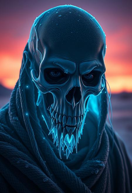 A symmetric portrait of a male, evil frozen Skeletor, features dissolving into frozen magic thin, luminescent blue lines. Weighted Voronoi stippling and laser caustics create a network, transitioning from hyperrealistic detail to abstract, quantum-inspired forms. Ethereal hues blend, evoking existential transition and mystery. Close-up on face, evil skull partially visible. Set against a twilight arctic backdrop, icy winds ripple through his tattered robes. Rendered in a fusion of photorealism and digital surrealism, the scene is illuminated by ghostly Northern Lights. Emphasis on cold, menacing atmosphere, invoking Nordic myths