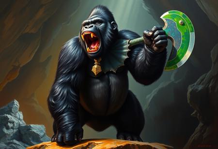 A majestic black Gorilla of the Fire Fist, rendered with rich, textured oil brush strokes in a detailed oil on canvas painting style reminiscent of Raphael, stands regally on its hind legs. Its powerful form is illuminated by dramatic lighting, possibly chiaroscuro. Its face, a masterpiece of detail showing a visceral roar, mouth wide open, is the intentional focus. A striking green axe, painted with vibrant pigments and fine detail, is held firmly in its right hand. The Ice Dragon's Prison is painted as a classical landscape, a cavern of crystalline structures with deep shadows, contrasting sharply with the subject. 4K, Exceptional Quality, More Detail, Super Detailed Face and Eyes, Handcrafted with Precision, High Quality, Sharp Lines and Brush Strokes, Stunning Colors, Harmonious Colors, Beautiful Matte Painting quality for the environment, Impeccable Composition, Creative Angle, Attractive Background, Balanced Editing, Intentional Focus, Well-timed Moment, Captivating Lighting, Raphael Style, Houdini Style (complex forms), Vivid Emotions, Beautiful Detailed Eyes, CGSociety, Artstation Trending on ArtstationHQ, Golden Ratio, Artstation hd, groundbreaking, hyperdetailed, dramatic lighting.