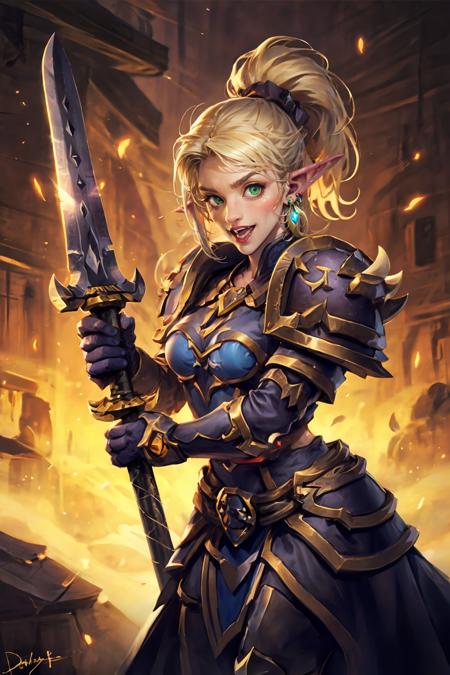 HEZI,Hearthstone,1girl,blonde hair,pointy ears,elf,solo,green eyes,armor,ponytail,glowing,long pointy ears,long hair,shoulder armor,weapon,smile,gloves,tabard,glowing eyes,pauldrons,holding,magic,signature,earrings,breasts,piercing,sword,looking at viewer,teeth,standing,book,artist name,holding weapon,open mouth,jewelry,lips,hand up,long sleeves,medium breasts,parted lips,indoors,<lora:çç³ä¼ è¯´-000006:0.7>,