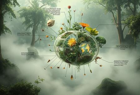 In a speculative drawing collage style, a biotech simbiogenetics bank micro ecotone is depicted as a sleek, fractal-like structure embedded within a lush, humid fog-filled environment. The compact symbiotic design, grounded in amphibious principles, features inflatable deployable structures that disperse seeds, vegetation buds, nutrients, and pollinators through various methods including ballistic, wind, and water. This intricate system is seamlessly integrated with atmospheric rivers, connecting the Amazonia Forest to the Chingaza Paramo, showcasing the interconnectedness of regional ecosystems in a highly detailed, wide background.