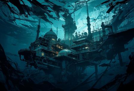 We are underwater, 100 meters below the surface, with no view of it. The perspective is a deep downward shot with exceptional visibility. A vast underwater research station, both a futuristic city and a mining extraction facility, stands at the edge of an unfathomable abyss.
The station's architecture is industrial and mechanical, made of glass and steel. A massive building topped with a colossal glass tower dominates numerous other structures, some adorned with small domes or cupolas. Multiple platforms house residential and research facilities, with scattered lights illuminating the underwater station and antennas spread throughout.
Countless air bubbles escape from the station, rising toward the unseen surface. In the foreground, additional research domes, pipelines, conduits, and immense underwater mining machines emphasize the station's industrial activity. The water is crystal clear, providing an extensive view of various fish swimming around and in the distance, weaving between the station's pipes.