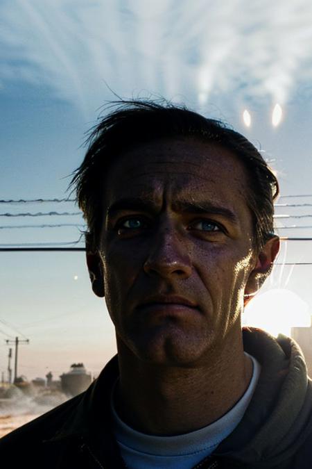(Film still cinematic photography, tilt angle, bokeh, f-stop 2.5, 44mm, light leak, lomography:0.9), (hyperdetailed wasteland, industrial theme:1.0), end of the world, silent screams, ((exploding atmosphere:0.8), cybernetic man stalking deserted streets, facial focus, eye contact, detailed pupils:1.1), (dangerous 1man, double exposure nuke blast, muscular, piercing blue eyes, surreal interpretation, sunny glare illuminating face, misty morning:1.3), (maniacal grin, war paint on face, textured:1.1), (electric aura, blue aura, steel chrome and rust, pink aura:1.2), (sunset), (in the style of (Frank Miller:1.2), (Marta Bevaqua:1.4), (Hans Bellmer:0.8)),
<lora:RMSDXL_Creative:1.7>
<lora:epiCRealLife:0.8> <lora:Helper:0.8> <lora:epi_noiseoffset2:0.8> <lora:lowkey_v1.1:0.8> HyperSmoke, dark background, black background, dark theme
(Bad_pictures:1.3)