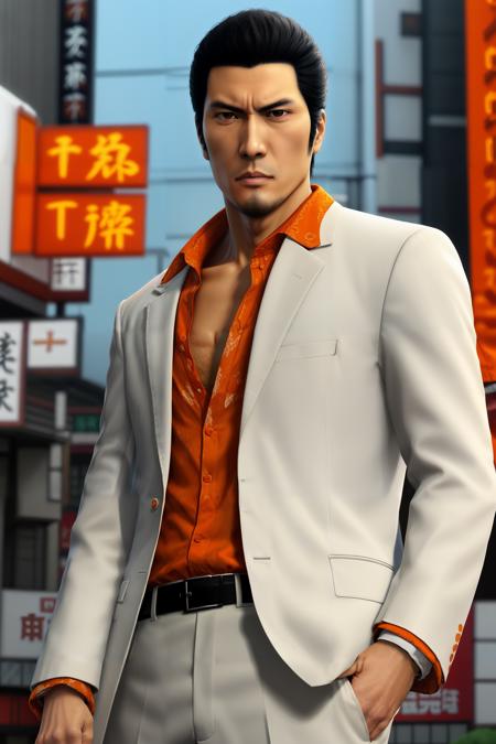 Kiryu, man with dark hair, young, brown eyes, serious, white suit with orange shirt underneath, in japanese city <lora:FRNK_Kiryu:0.7>