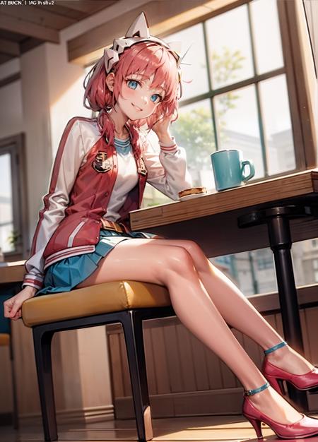 masterpiece, official art, dynamic angle, 1girl, irissagan,  <lora:irissagan-15:1>, smiling, indoors restaurant coffee shop, sitting, jacket, pink heels, blue socks, low twintails, headset