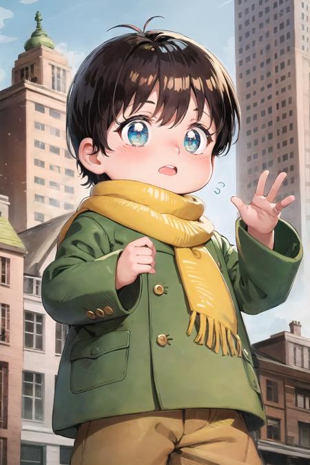 corio 1boy, child, short hair, fur hat, yellow scarf, green coat, brown pants chibi