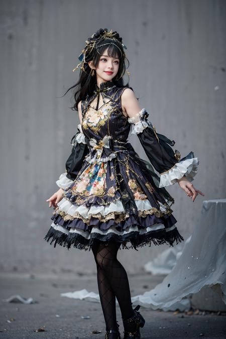 best quality, masterpiece, realistic, (photorealistic:1.4), 1girl, solo, full body, smile, cns dress, frilled dress, hair ornament, black pantyhose, detailed background, standing, arms behind back, <lora:cns_dress_style5_v1:0.7>