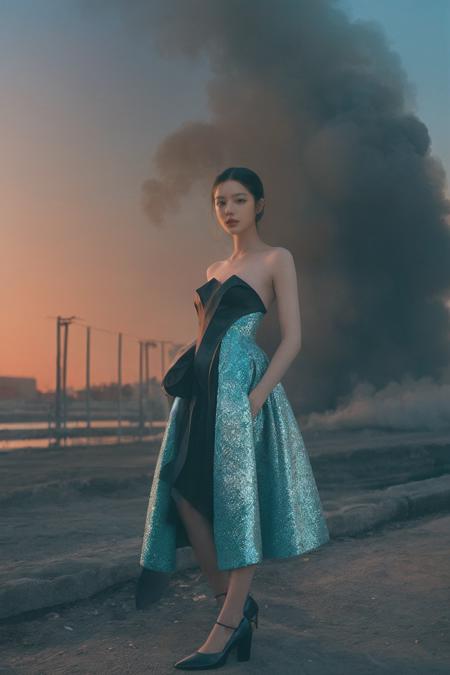 a fashion lookbook portrait of a female fashion model wearing haute couture, experimental, shot on kodak professional medium format film, liminal industrial background in, (smoke|fire:1.05), (dawn|dusk:1.05), (spring|summer:1.05), 1girl, (upper up:1.4), (nsfw:1.2), vibrant, DarkCyan,  <lora:nankijin:0.5>