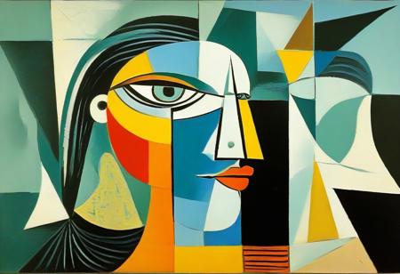 masterpiece, best quality, illustration, style of Pablo Picasso, cubist, complementary colors, abstract landscape,