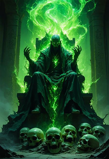 Low angle, Sukuna Ryomen atop a jagged throne of polished ivory skulls, hollow eyes exhaling swirling ash. Four sinewy arms, etched serpentine kuji-in seals in jade-green phosphorescence, casting elongated shadows. A palette of crimson-ochre and void-black, cracked obsidian skin, illuminated by chiaroscuro lighting, fanged grin. Tendrils of cursed energy writhe from his torso. Shadows coalesce into glyphs where his gaze falls.
