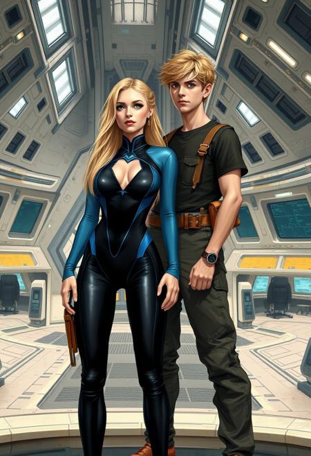 fantasy style painting.
a teenage boy age 18 and a teenage girl age 18, stand side by side on the bridge of a large starship. The woman is wearing a tight black and blue bodysuit. She is fully clothed. She has blonde hair and fish gills on her neck. The man has blond hair and is wearing farmer clothing.
The bridge of the starship is large and light in color. There are at least 20 workstations to control and manage the starship