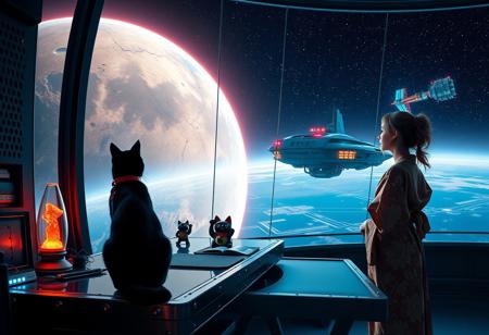 A sleek black cat with red collar sits on a cluttered metal riveted desk with transparent top and rgb led computer components visible inside, On the desk are a maneki neko statue and a lava lamp, the Black Cat is looking out of a seamless and futuristic floor to ceiling window that looks out at a planet from low orbit, (((a beautiful woman, 24 years old, is standing next to the cat looking out the window, the woman is dressed in an ornate Japanese style bath robe. An enormous deco-cyberpunk starship with futuristic lighting and an enormous space station are visible in the background among the stars, The woman's hair is messy from just waking up and tied up with a ribbon. Artistic cyberpunk, dynamic perspective, (((overall architectural aesthetic is Art Deco Cyberpunk))).  Epic image that elicits a feeling of wonder and awe,