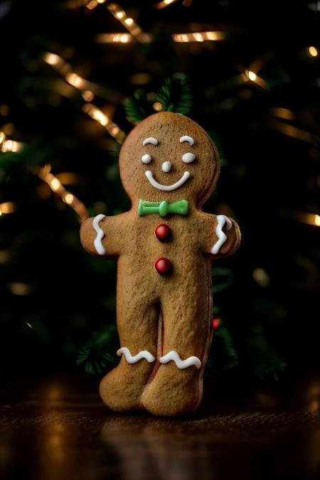 Gingerbread_Man, food, cookie, food focus, no humans, an extremely gritty detailed HD 8K photograph of a gingerbread ban and woman wearing very festive cookie clothing dancing on the table in front of a beautifully decorated pine Christmas tree, detailerlora, beautiful subtle very soft yellow lights