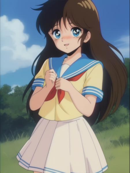 <lora:NonomuraAmi_BeMybaby_Ver2:0.8> NonomuraAmi, brown_hair,  blue_eyes,  bangs, brown_black_hair, long hair, cowboy Shot, smile, blush,
1girl, solo, school uniform, skirt, blue sky,
1980s \(style\), anime, anime_screencap, animated gif, mp4 ,video, animated, 
retro artstyle,