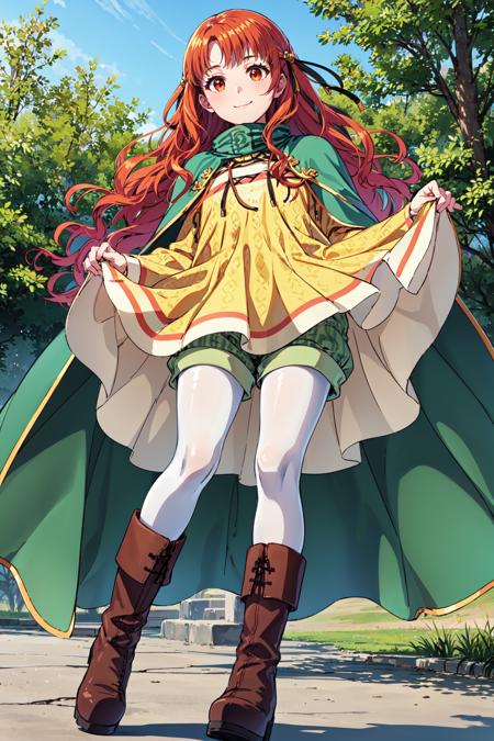 from below,skirt lift,green shorts, legwear under shorts,<lora:yuneV1:0.8>,yune, yellow dress, green cape, light smile,  boots,white pantyhose,brown footwear,long sleeves, cloak,outdoors, (masterpiece, best quality, ultra-detailed, best shadow)