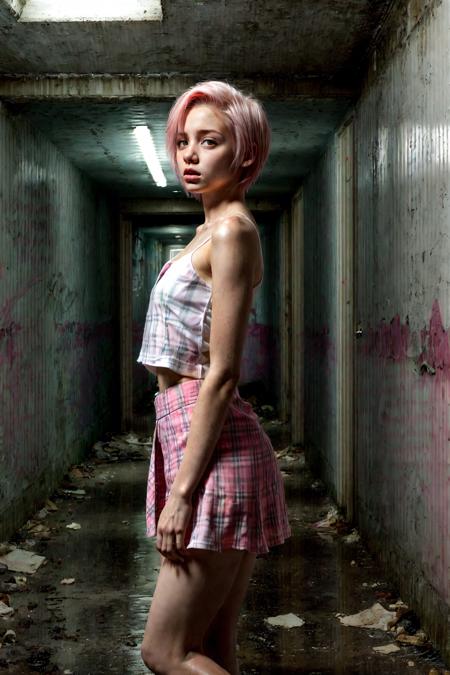 ultrarealistic, 1girl, innocent pretty face, gloomy [wet] abandoned corridor, skinny, pink short hair, white camisole, pink plaid (miniskirt), <lora:hairdetailer:1>, <lora:DetailTweakerLora:0.1> <lora:abandoned_style:0.5>