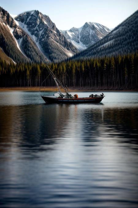 masterpiece, best quality, ultra-detailed, realistic, 8k, RAW photo, distant-view, (fisherman fishing troubles on small boat in the middle of the lake, small fish were flying on the water around the fisherman:1.37), eagle on distant trying to catch the fish, emphasize some little birds flying around, award winning realistic photography, morning, a bit cloudy, scenery photography, perfect shadow, perfect natural lighting, rich colors, perfect composition, perfect colors, flawless complexion photo, perfect intricate detailed, lakes, surreal, lifelike, real life scenery photo, top quality, trending on artstation, meadows, glitter, prettiest landscape, all kinds of flowers, fantastic, stunning, outstanding, finding nemo, breathtaking beautiful nature photo, out-of-this-world scenery, perfect reflection on water, depth of field, fisherman best day, detailerlora,