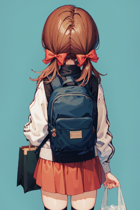 best quality, masterpiece, extremely detailed, detailed background, 1girl, bag, skirt, solo, thighhighs, from behind, twintails, backpack, brown hair, bow, black thighhighs, hair bow, holding, facing away, sweater, pink skirt, simple background, long sleeves, red skirt, cowboy shot, shopping bag, holding bag, long hair, black sweater, pleated skirt, red bow, zettai ryouiki, jacket, white jacket, turtleneck, plastic bag, aqua background, badge, miniskirt, standing, low twintails, turtleneck sweater