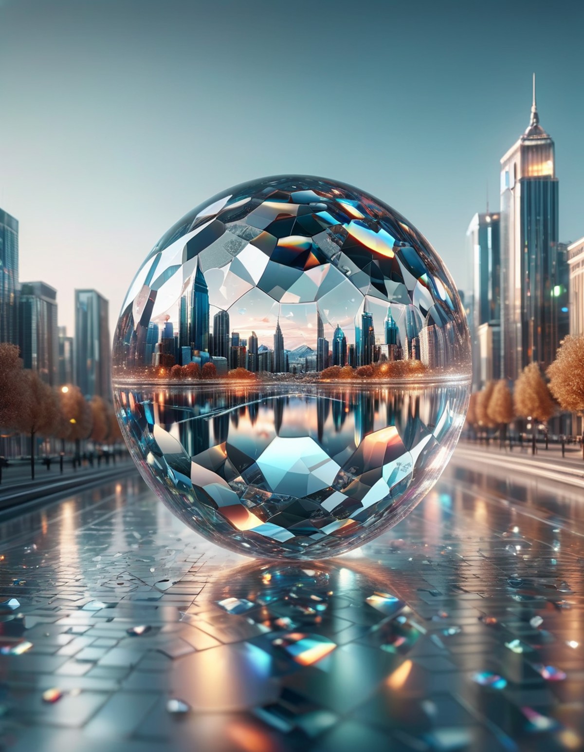 masterpiece fisheye shot of an evening cityscape, transparent color transparent color vinyl, ((prismatic shapes)), hologra...