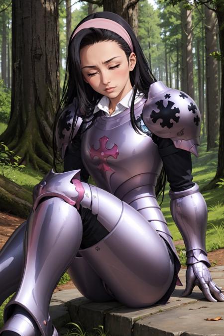 masterpiece, best quality,  <lora:guila-nvwls-v1-000009:0.9> guila, closed eyes, hairband, full armor, shoulder armor, armored boots, blush, embarrassed, forest, sitting