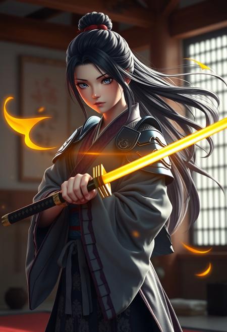 R3alisticF, samurai girl wearing a kimono with shoulder armor, she's holding a katana glowing with yellow energy, her long hair is flowing in the wind, she stands in a dojo training for her next battle. (maximum ultra high definition image quality and rendering:3), maximum image detail, maximum realistic render, (((ultra realist style))), realist side lighting, , 8K high definition, realist soft lighting, <lora:FluxMythR3alisticF:1>