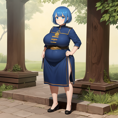 Solo, bright blue hair, bear eyes, blue eyes, short hair, large breasts, dark blue priests garb, dark blue flat shoes, plump,