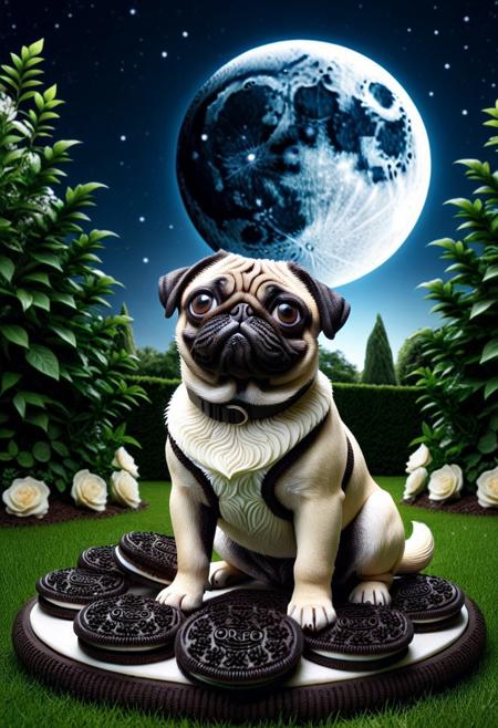 masterpiece, best quality, highres, dog, pug, garden, Oreos, dog sitting, howling, moon. Realistic foliage. pug made of cookies, made of creamy cookies