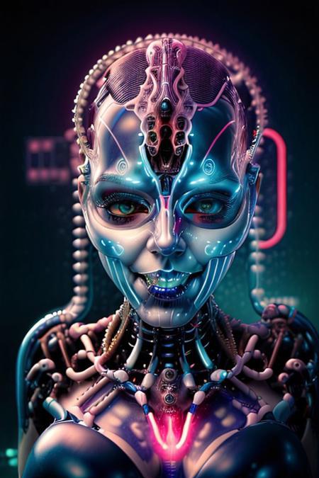 A futuristic humanoid female enjoys a holographic ice cream cone in a glowing cityscape. She smiles as the ice cream changes colors with each bite, surrounded by lively AI-generated animations of people and neon signs, Incorporate glowing or pulsating effects to enhance the futuristic vibe. Stick with a consistent palette, like soft blues and neons, to maintain harmony.