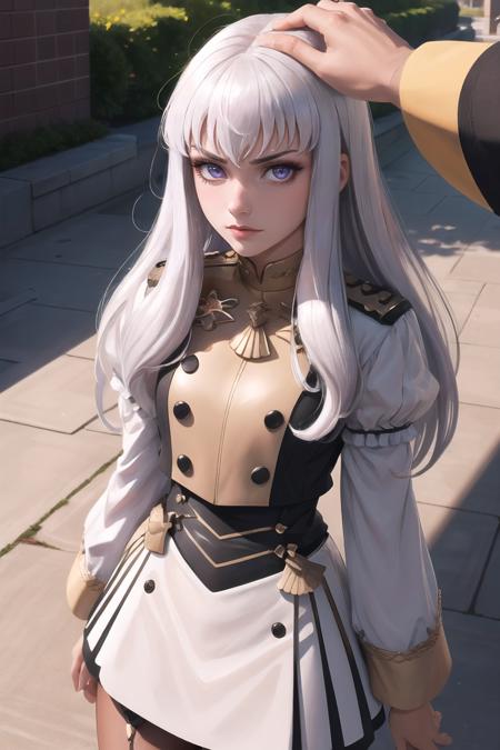 Highly detailed, High Quality, Masterpiece, beautiful, HeadpatPOV:1.3, pov, <lora:HeadpatPOV:1>, 1girl, solo, angry, anger vein, cowboy shot, lysithea von ordelia, lysitheauniform, <lora:Char_FireEmblem_Lysithea:1>, looking at viewer,