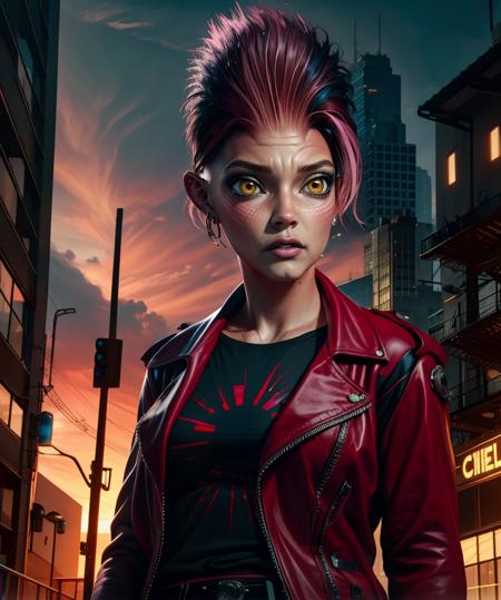 art3mis,yellow eyes,pink hair,short hair,colored skin,
black shirt,red jacket,belt,earrings,
standing,upper body,
science fiction,city,
(insanely detailed, beautiful detailed face,beautiful detailed eyes, masterpiece, best quality),<lora:art3mis:0.7>,