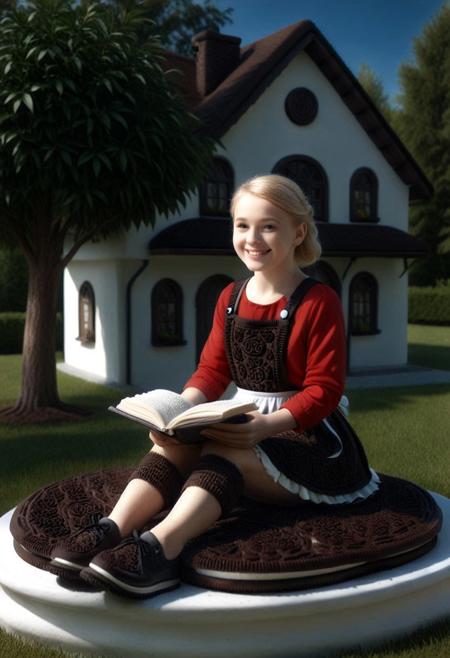 tenu made of creamy cookies, photo_realistic, fountain, book, solo, score_9, score_8_up, score_7_up, score_6_up, score_5_up, score_4_up, water, sitting, reading, apron, open book, tree, dress, outdoors, house, black footwear, smile, dress made of creamy cookies, leaf, long sleeves, window, black eyes, plant, building made of creamy cookies,  masterpiece, best quality, amazing quality, very aesthetic, newest, 64K, large visual impact, sharp focus, impact full picture, (red:1.7).