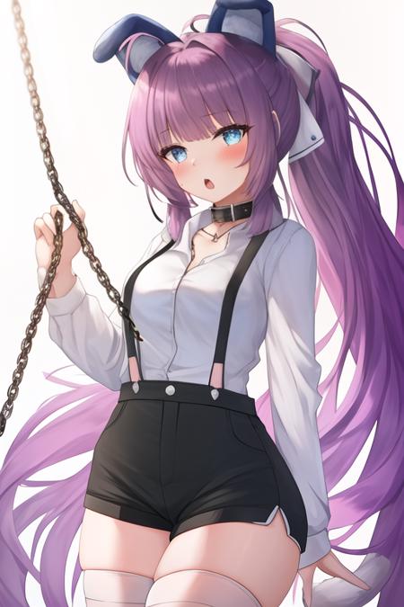 masterpiece, best quality, highres, solo, {tashkent_azurlane:1.10}, long_hair, purple_hair, blue_eyes, blush, very_long_hair, animal_ears, bangs, fake_animal_ears, ribbon, hair_ribbon, hair_ornament, 1girl, ponytail, shirt, white_shirt, looking_at_viewer, shorts, thighhighs, suspenders, white_thighhighs, black_shorts, short_shorts, suspender_shorts, chain, collar, bound, open_mouth