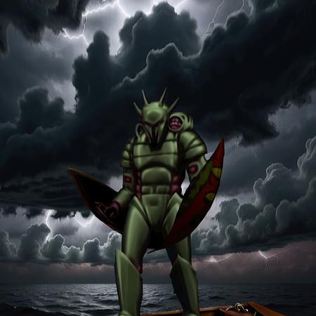 hunter, facing at a 45 degree angle, on a yacht, storm clouds and lightning in the background, epic background, 35mm photograph, film, professional, 4k, highly detailed, photorealistic film <lora:MarathonMonsters:0.9>