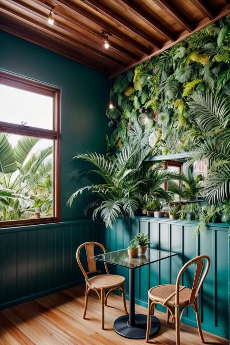 cafe interior, table and chairs, coffee cup, coffee maker,  tropical style, green ceramics, plant, flower, mirror, glass, banana leaf,  lens flare, dim light, epic, bali, dramatic light, <lora:add_detail:1> <lora:epi_noiseoffset2:0.6> <lora:ARWBedroomTropical:1>