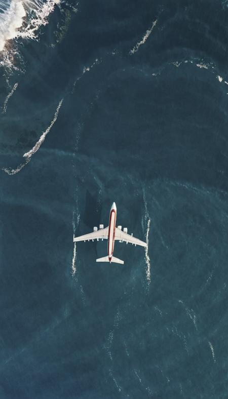 a plane flying over the ocean <lora:DD-above-v1:1> above