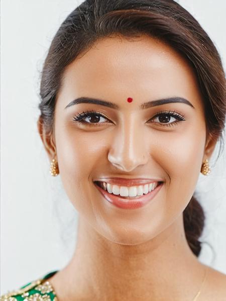 upper body medium close-up photo of pretty desilatte woman, (lungi:1.2), light impish smile, white matte background <lora:DesiCoffee_LoKr_V2_SDXL-step00002000:0.8>