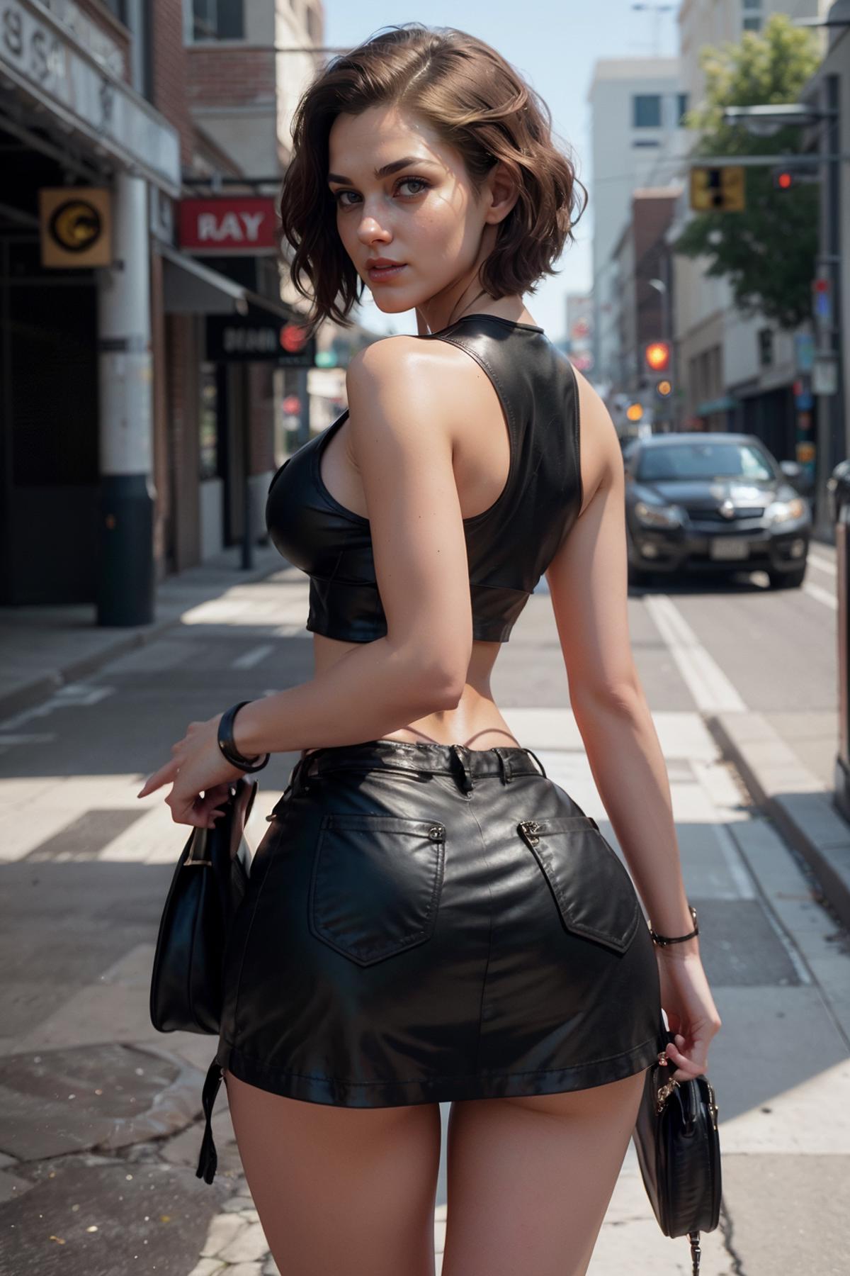 A woman wearing a black leather outfit is walking down a city street.