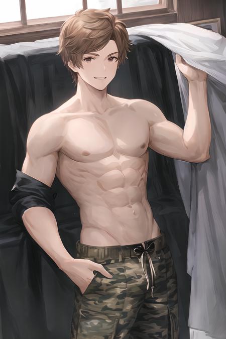 masterpiece, best_quality, clear details,gran,(1boy:1.33), solo,abs,uniform,camouflage,brown_hair,male_focus,