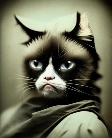 (photo of giant grumpy cat wearing futuristic head gears. dramatic lighting trending), [hndpnt-145],  medium format high quality photograph