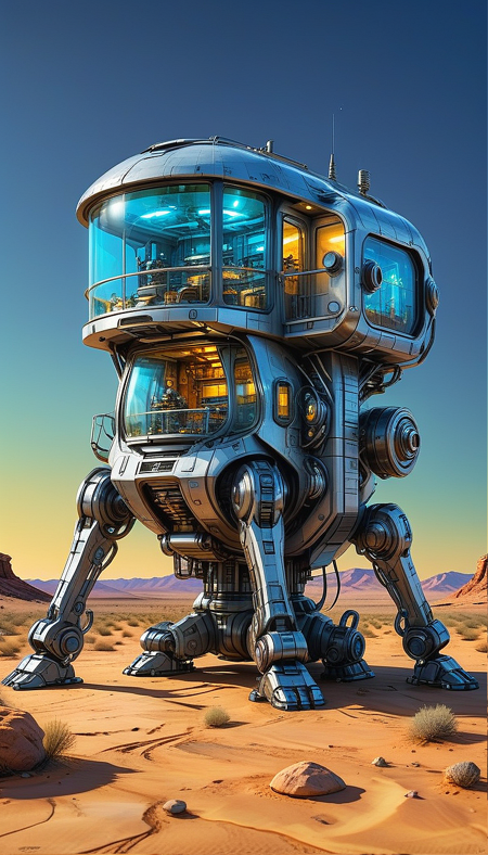 (cel-shading:2)+, (in ARTIST style:1.6), (masterpiece:1.7), hyperrealism, glossy, shinny, night:2,
clear image, accurate picture, clear picture, precise image, focused image, Science fiction style, Science fiction, neon, glowing neon,
(glass and metal house with cozy comfy living space inside) on mechanical legs, science fiction, aquarium on mechanical legs focus, night desert background, mecha, gray blue paint,
comic style, (ultra sharp focus:2), (thin lines:2),
(best quality:1.8),
<lora:Apparatus_-_Traction_City_Walkers_Vehicles:0.8>,