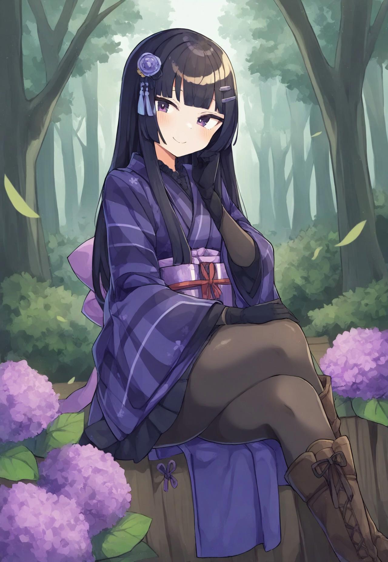 1girl, solo, {{{kanikama}}}, purple kimono, black gloves, long black hair, purple eyes, outdoors, forest, smile, brown boots, hair ornament, black pantyhose