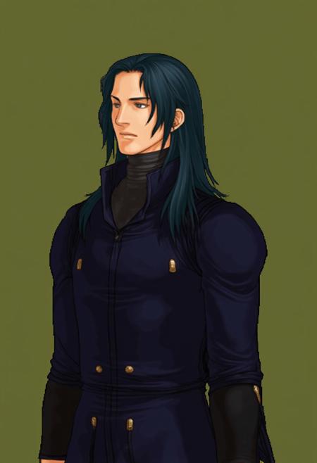 mature male, male focus, solo, pixel art, digital, retro, 16-bit 
This is a retro pixel art digital image in an anime style. It features an adult man with medium length dark blue hair. He has bangs which are curtained, and the ends of his hair are curled outwards. He has sharp grey eyes giving off a threatening aura. The man's expression is apathetic. He is looking looking to the side. He wears a dark blue long coat with a black shirt underneath. He wears pauldrons fitting for his profession as an archer. He has an athletic and slim build and his facial features reflect that as well. The background is entirely olive green, making the character stand out vividly.