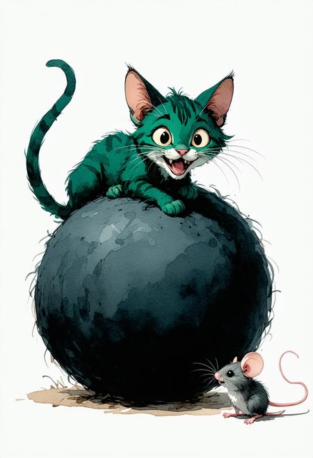 Classic children's book illustration: Low-angle, mouse-eye view. An emerald cat, baring an ivory-toothed grin, leans on an immense, dark, wool ball. Below, a tiny bubblegum-pink mouse, gazes upward.
Soft, painterly rendering with a palette of vibrant emerald, bubblegum pink, and deep charcoal.
Warm directional light creates gentle shadows, highlighting gleaming teeth and plush fur. Atmosphere of whimsical suspense and charming peril, focusing on the cat's wide grin and the mouse. Subtle storybook vignette.