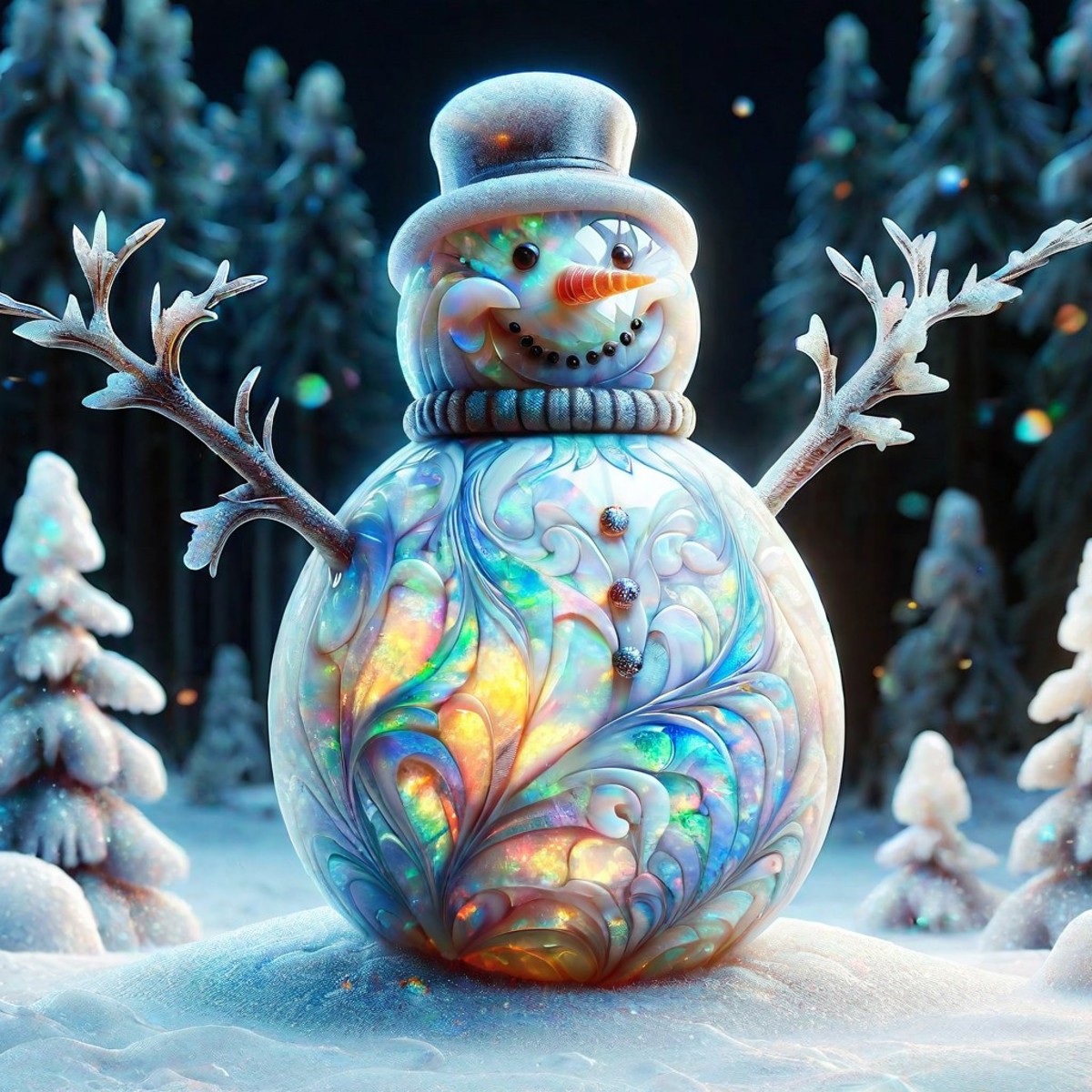 A 3D Snowman with a top hat and scarf.